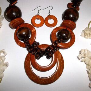 Wood Necklace, Necklace, Brown, Earring, Necklace and Earring Set Boho Set D337